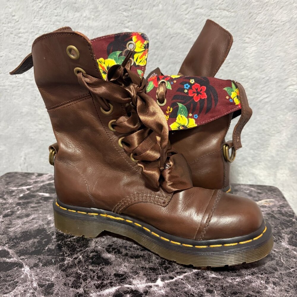 Dr Martens Boots Womens 5 Brown Floral Triumph Aimilita Fold Down Leather Combat
